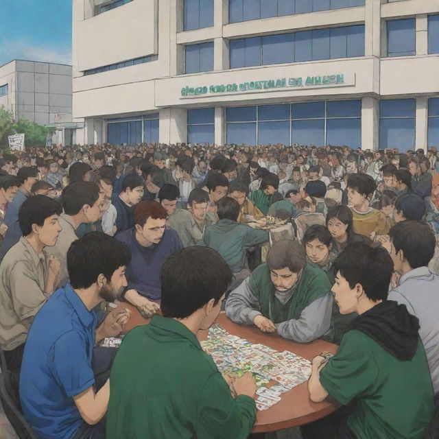 In an anime style, illustrate a large, diverse group of people outside a human rights society building, displaying their support for Gaza. Inside the building, administrators are engrossed in an intense poker game and a PlayStation war game.