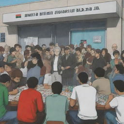 In an anime style, illustrate a large, diverse group of people outside a human rights society building, displaying their support for Gaza. Inside the building, administrators are engrossed in an intense poker game and a PlayStation war game.