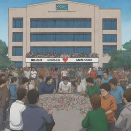 In an anime style, illustrate a large, diverse group of people outside a human rights society building, displaying their support for Gaza. Inside the building, administrators are engrossed in an intense poker game and a PlayStation war game.