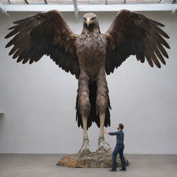 A gigantic 3-meter tall hybrid figure, having an eagle's head, human body, and feathered skin, expertly balancing on one leg, standing imposingly in front of a human man.