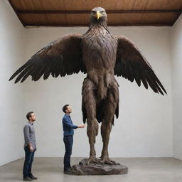 A gigantic 3-meter tall hybrid figure, having an eagle's head, human body, and feathered skin, expertly balancing on one leg, standing imposingly in front of a human man.