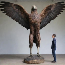 A gigantic 3-meter tall hybrid figure, having an eagle's head, human body, and feathered skin, expertly balancing on one leg, standing imposingly in front of a human man.