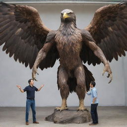 A gigantic 3-meter tall hybrid figure, having an eagle's head, human body, and feathered skin, expertly balancing on one leg, standing imposingly in front of a human man.