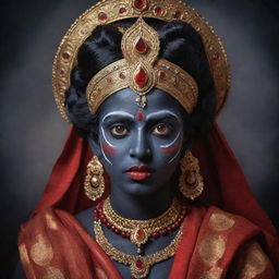 A unique art concept of young Indian goddess Kali with bold red eyes and traditional dark skin, exuding an aura of divine power and youthful innocence, draped in vibrant traditional attire.