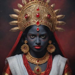 A unique art concept of young Indian goddess Kali with bold red eyes and traditional dark skin, exuding an aura of divine power and youthful innocence, draped in vibrant traditional attire.