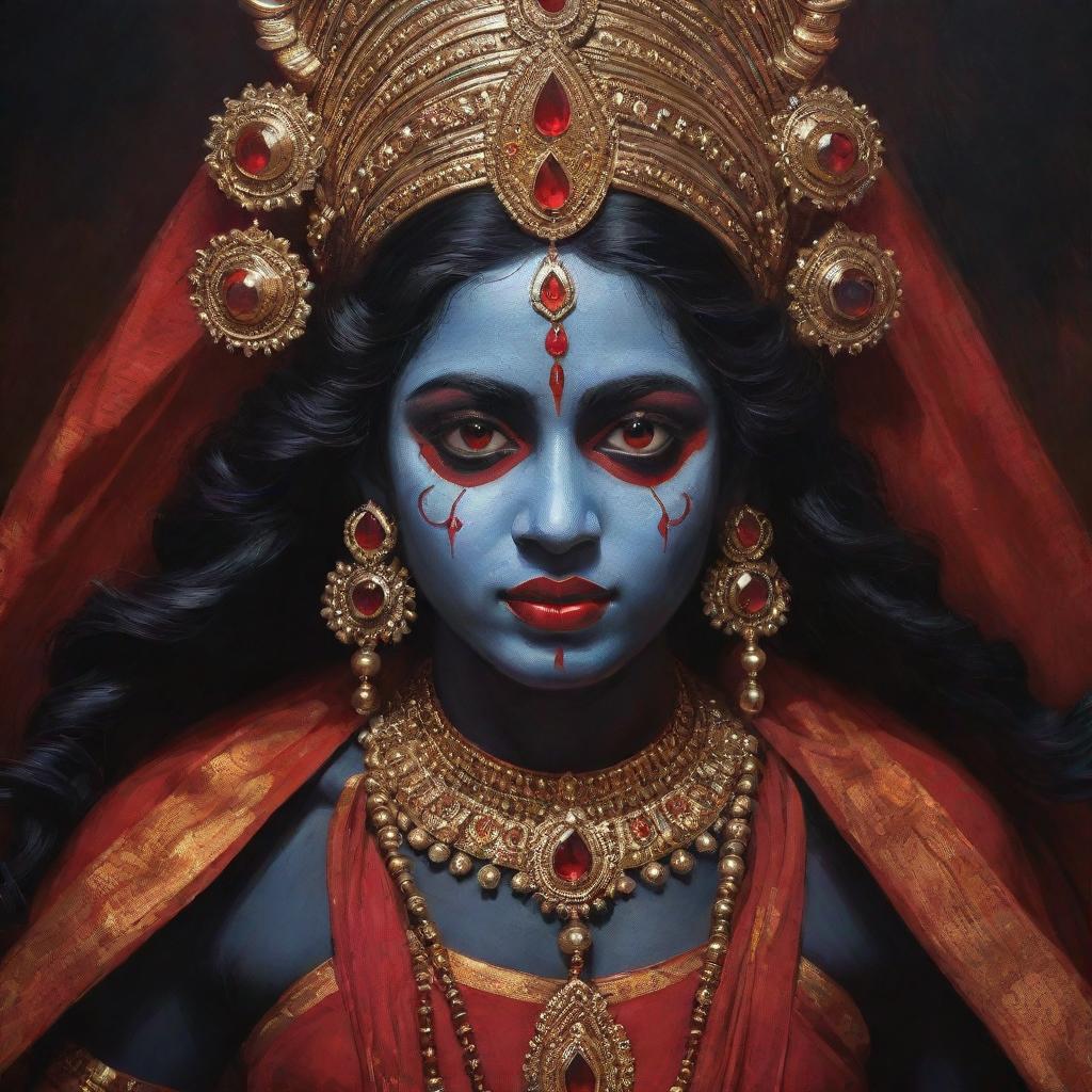 A unique art concept of young Indian goddess Kali with bold red eyes and traditional dark skin, exuding an aura of divine power and youthful innocence, draped in vibrant traditional attire.