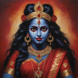 A unique art concept of young Indian goddess Kali with bold red eyes and traditional dark skin, exuding an aura of divine power and youthful innocence, draped in vibrant traditional attire.