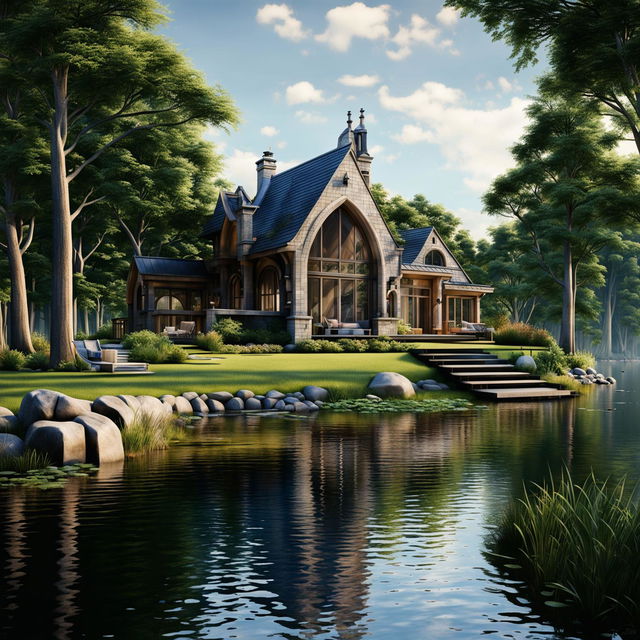 Hyper-realistic 32k image of a modest modern lake house, subtly incorporating Gothic Revival architecture. Dark stone and glass exterior with simple arches motif, nestled by a peaceful lake. Interior features modest ceilings, open floor plan, small stone fireplace, and a kitchen with basic appliances and traditional woodwork.