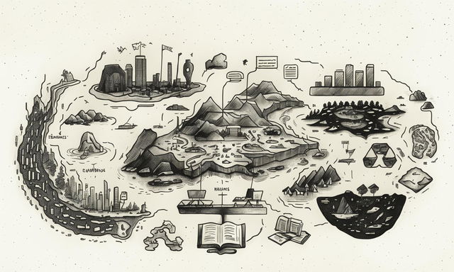 A detailed hand-drawn sketch for a blog post about object-relational mappers featuring a map filled with database terminologies connected by rivers of code to real-world entity symbols.