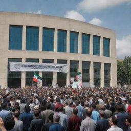 An animated crowd protesting in front of the Human Rights Organization building, holding banners in support for Palestinians. Within the indifferent organization, members are preoccupied, with some playing poker and others engrossed in PlayStation war games.