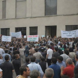 An animated crowd protesting in front of the Human Rights Organization building, holding banners in support for Palestinians. Within the indifferent organization, members are preoccupied, with some playing poker and others engrossed in PlayStation war games.