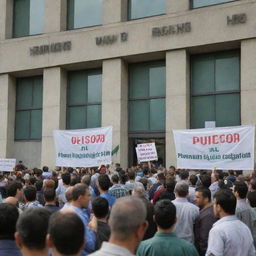 An animated crowd protesting in front of the Human Rights Organization building, holding banners in support for Palestinians. Within the indifferent organization, members are preoccupied, with some playing poker and others engrossed in PlayStation war games.