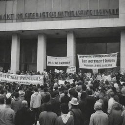 An animated crowd protesting in front of the Human Rights Organization building, holding banners in support for Palestinians. Within the indifferent organization, members are preoccupied, with some playing poker and others engrossed in PlayStation war games.