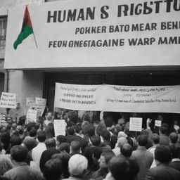 Crowd in front of the Human Rights Organization, waving banners supporting Palestinians. Inside, oblivious members play poker and PlayStation war games.