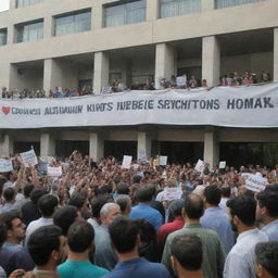 Crowd in front of the Human Rights Organization, waving banners supporting Palestinians. Inside, oblivious members play poker and PlayStation war games.