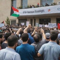 Crowd in front of the Human Rights Organization, waving banners supporting Palestinians. Inside, oblivious members play poker and PlayStation war games.