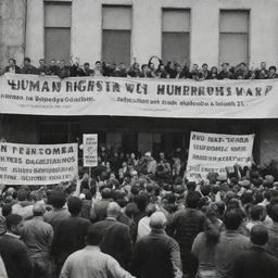 Crowd in front of the Human Rights Organization, waving banners supporting Palestinians. Inside, oblivious members play poker and PlayStation war games.