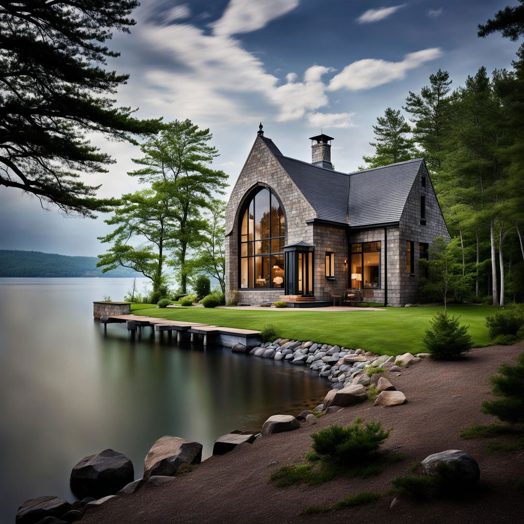 Architectural photography of a humble modern lake house, subtly incorporating Gothic Revival architecture. Dark stone and glass exterior with simple arches motif, nestled by a peaceful lake. Interior features modest ceilings, open floor plan, small stone fireplace, and a kitchen with basic appliances and traditional woodwork. Realistic long exposure background capturing the serene lake and sky.