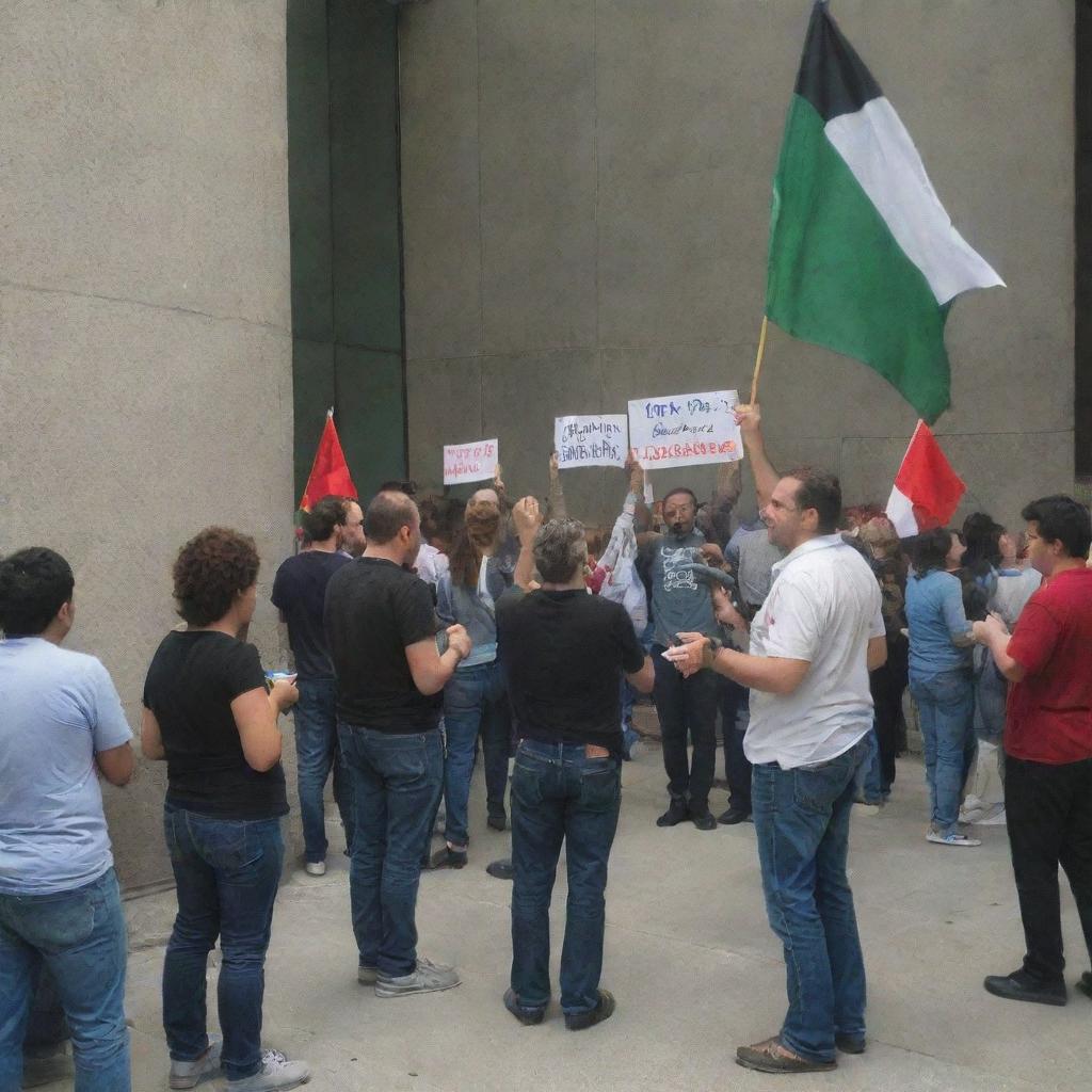 Depict a demonstration outside the Human Rights Organization, with participants raising banners for Palestine. Contrarily, inside the building, uninterested members are playing poker and PlayStation war games.