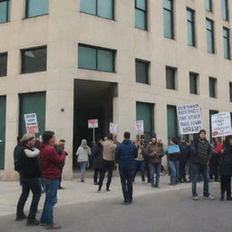 Depict a demonstration outside the Human Rights Organization, with participants raising banners for Palestine. Contrarily, inside the building, uninterested members are playing poker and PlayStation war games.