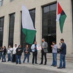 Depict a demonstration outside the Human Rights Organization, with participants raising banners for Palestine. Contrarily, inside the building, uninterested members are playing poker and PlayStation war games.