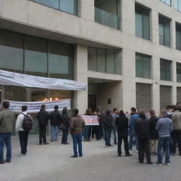 Depict a demonstration outside the Human Rights Organization, with participants raising banners for Palestine. Contrarily, inside the building, uninterested members are playing poker and PlayStation war games.