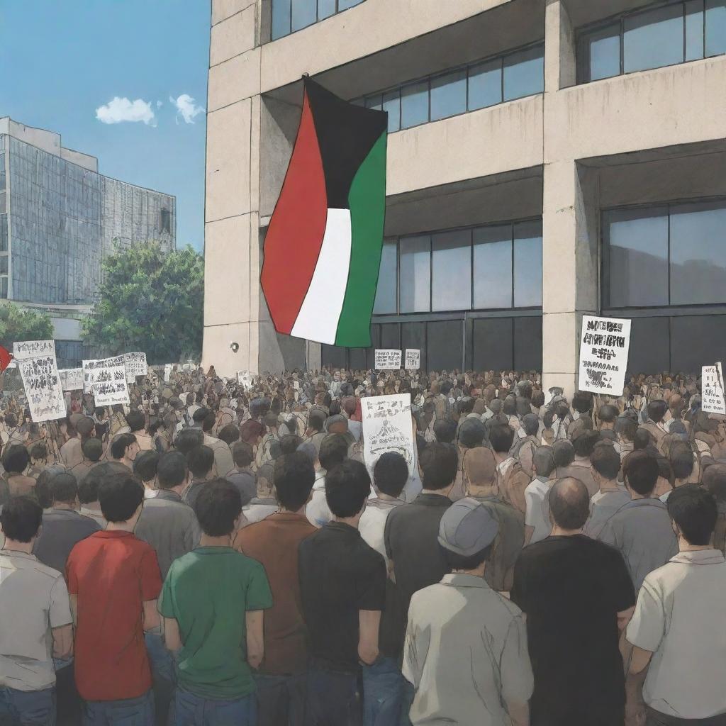 In an anime style, illustrate a crowd demonstrating in front of the Human Rights Organization, hoisting banners in support of Palestine. Inside the building, indifferent members are engrossed in poker and PlayStation war games.