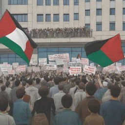 In an anime style, illustrate a crowd demonstrating in front of the Human Rights Organization, hoisting banners in support of Palestine. Inside the building, indifferent members are engrossed in poker and PlayStation war games.