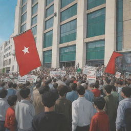 In an anime style, illustrate a crowd demonstrating in front of the Human Rights Organization, hoisting banners in support of Palestine. Inside the building, indifferent members are engrossed in poker and PlayStation war games.