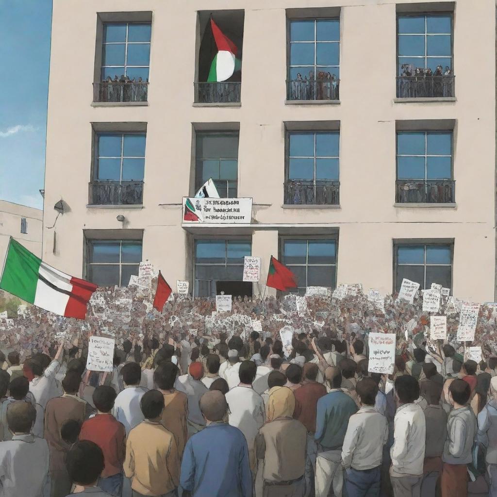 In an anime style, illustrate a crowd demonstrating in front of the Human Rights Organization, hoisting banners in support of Palestine. Inside the building, indifferent members are engrossed in poker and PlayStation war games.