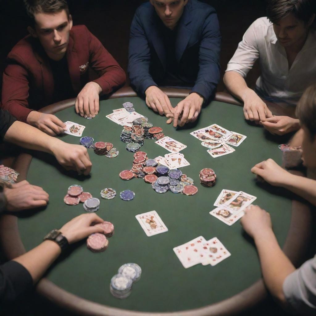 An intense anime-style poker game, with players displaying extreme focus on their cards on a table scattered with chips.