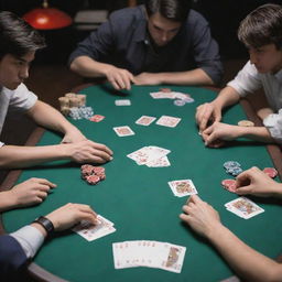 An intense anime-style poker game, with players displaying extreme focus on their cards on a table scattered with chips.