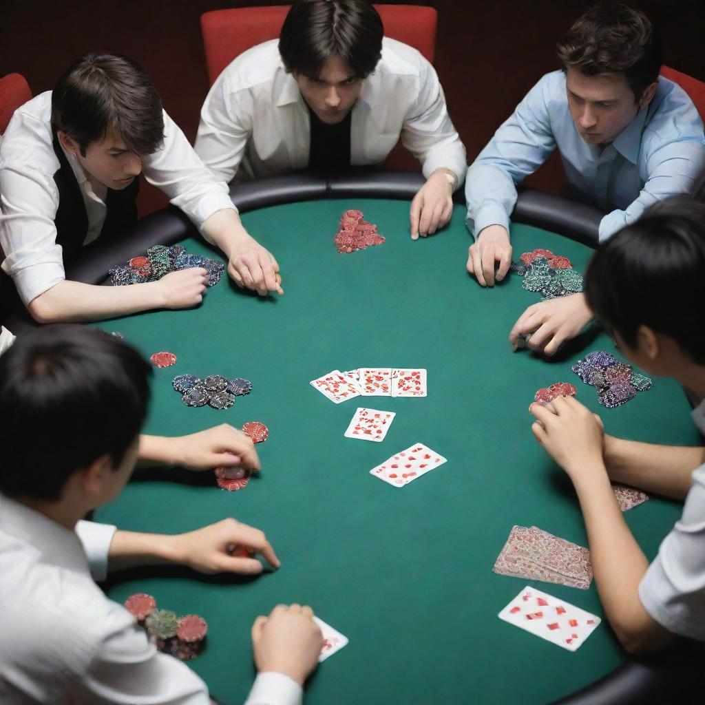 An intense anime-style poker game, with players displaying extreme focus on their cards on a table scattered with chips.