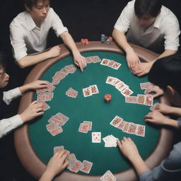 An intense anime-style poker game, with players displaying extreme focus on their cards on a table scattered with chips.