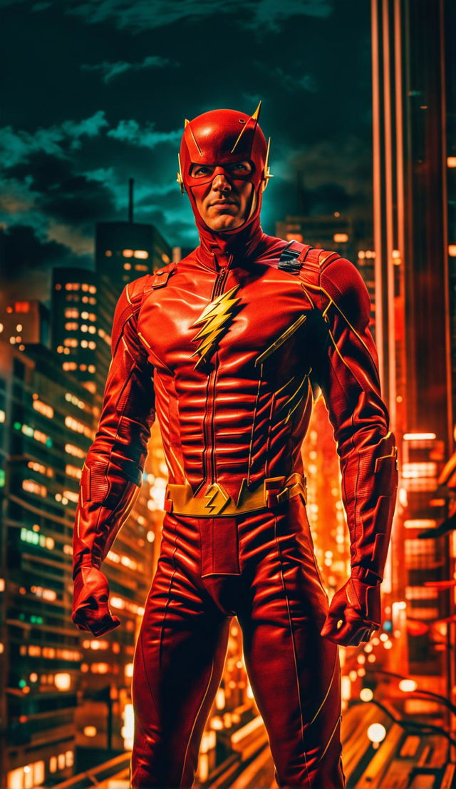 70s retro-scifi photograph of superhero Flash in a futuristic cityscape with immaculate composition and dramatic lighting, in ultra high definition.