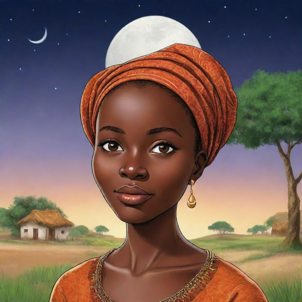 Once upon a time, in a vibrant village nestled between rolling hills and lush landscapes, lived a young woman named Amina. She was known for her grace, intelligence, and the mysterious birthmark resembling a crescent moon on her cheek. Africa village ai cartoon 