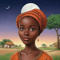 Once upon a time, in a vibrant village nestled between rolling hills and lush landscapes, lived a young woman named Amina. She was known for her grace, intelligence, and the mysterious birthmark resembling a crescent moon on her cheek. Africa village ai cartoon 