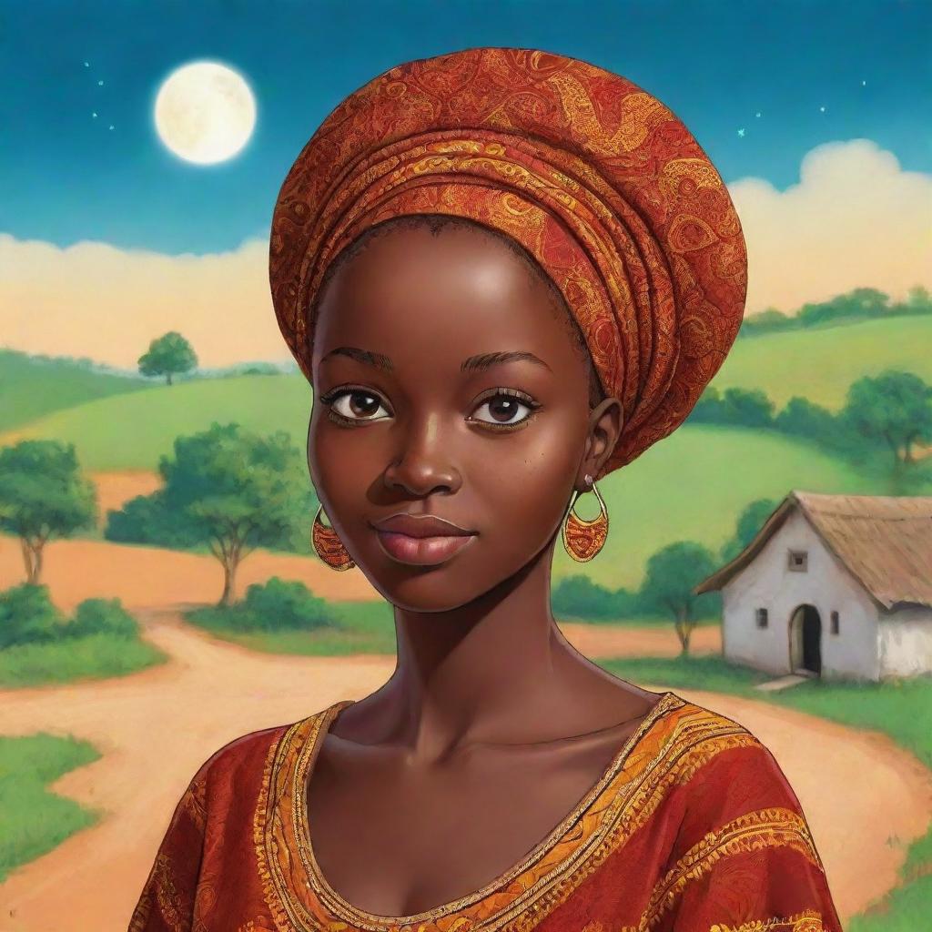 Once upon a time, in a vibrant village nestled between rolling hills and lush landscapes, lived a young woman named Amina. She was known for her grace, intelligence, and the mysterious birthmark resembling a crescent moon on her cheek. Africa village ai cartoon 