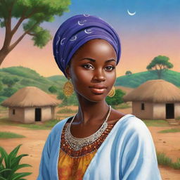 Once upon a time, in a vibrant village nestled between rolling hills and lush landscapes, lived a young woman named Amina. She was known for her grace, intelligence, and the mysterious birthmark resembling a crescent moon on her cheek. Africa village ai cartoon 