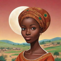 Once upon a time, in a vibrant village nestled between rolling hills and lush landscapes, lived a young woman named Amina. She was known for her grace, intelligence, and the mysterious birthmark resembling a crescent moon on her cheek. Africa village ai cartoon 