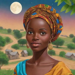 Once upon a time, in a vibrant village nestled between rolling hills and lush landscapes, lived a young woman named Amina. She was known for her grace, intelligence, and the mysterious birthmark resembling a crescent moon on her cheek. Africa village ai cartoon 