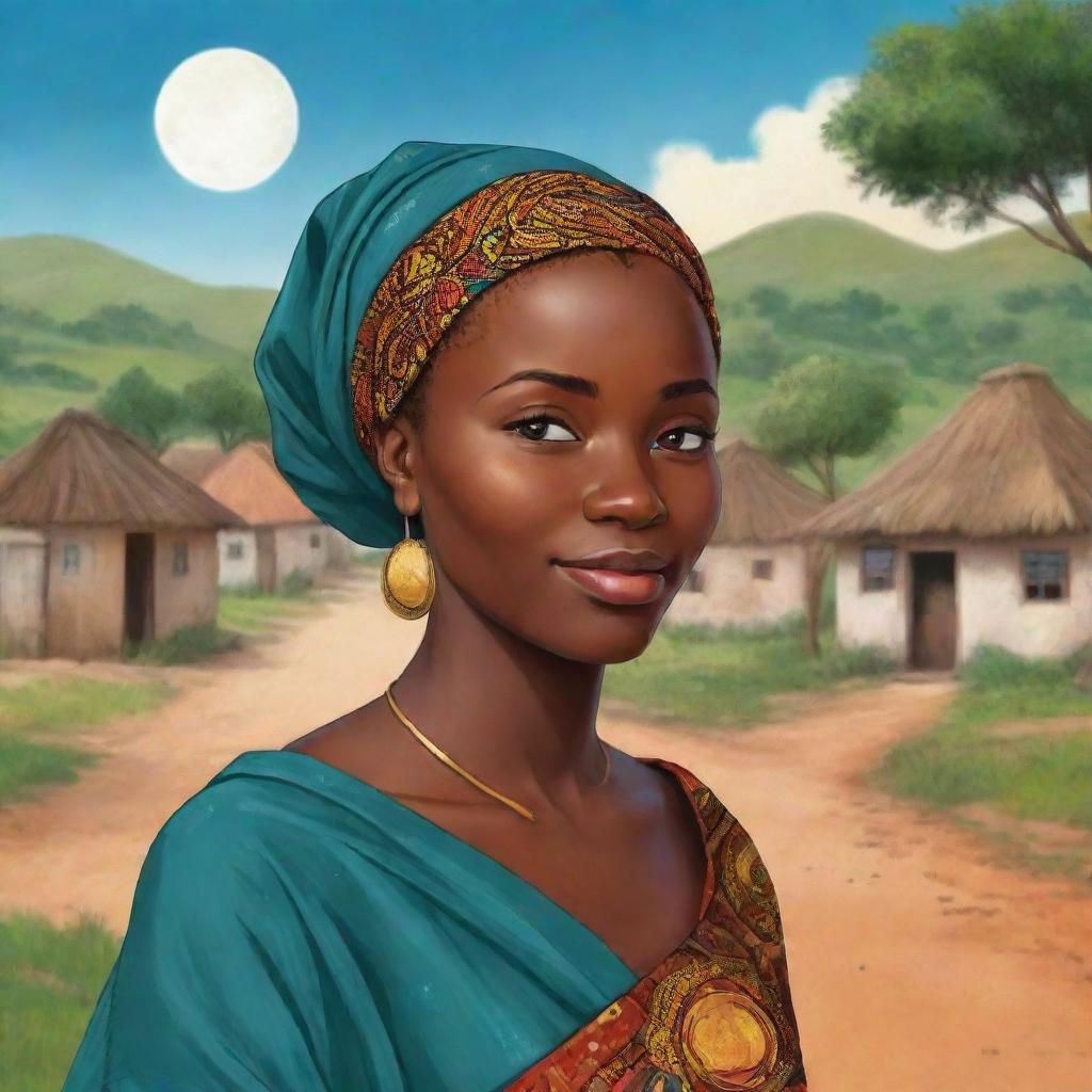 Once upon a time, in a vibrant village nestled between rolling hills and lush landscapes, lived a young woman named Amina. She was known for her grace, intelligence, and the mysterious birthmark resembling a crescent moon on her cheek. Africa village ai cartoon 