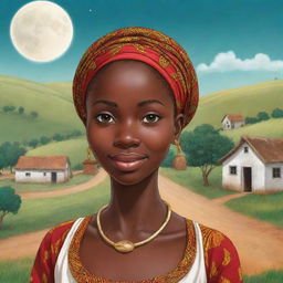 Once upon a time, in a vibrant village nestled between rolling hills and lush landscapes, lived a young woman named Amina. She was known for her grace, intelligence, and the mysterious birthmark resembling a crescent moon on her cheek. Africa village ai cartoon 