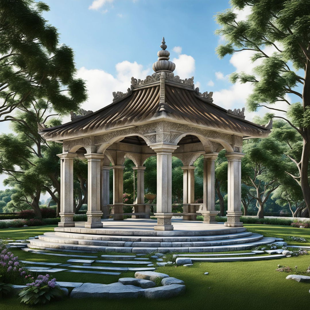 A small intricate stone pavilion in 32k HD showcasing beautiful architectural details amidst a serene landscape.