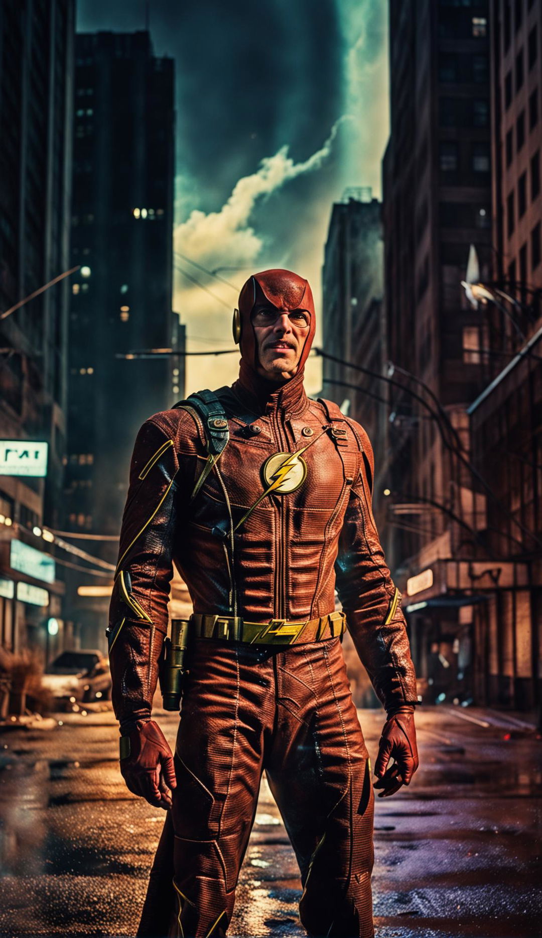 Rugged and dark superhero Flash in a dystopian 70s retro-scifi cityscape, captured in a dramatically lit photograph.