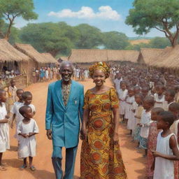 Amina's village was ruled by a wise and just king, who had a son, Prince Kofi. From a young age, Amina and Kofi had crossed paths during festive celebrations, their eyes locking in fleeting moments of connectionAfrican village ai cartoon