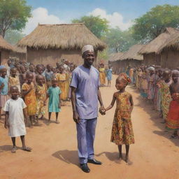 Amina's village was ruled by a wise and just king, who had a son, Prince Kofi. From a young age, Amina and Kofi had crossed paths during festive celebrations, their eyes locking in fleeting moments of connectionAfrican village ai cartoon