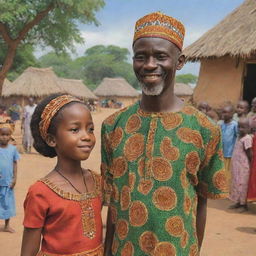 Amina's village was ruled by a wise and just king, who had a son, Prince Kofi. From a young age, Amina and Kofi had crossed paths during festive celebrations, their eyes locking in fleeting moments of connectionAfrican village ai cartoon