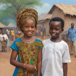 Amina's village was ruled by a wise and just king, who had a son, Prince Kofi. From a young age, Amina and Kofi had crossed paths during festive celebrations, their eyes locking in fleeting moments of connectionAfrican village ai cartoon