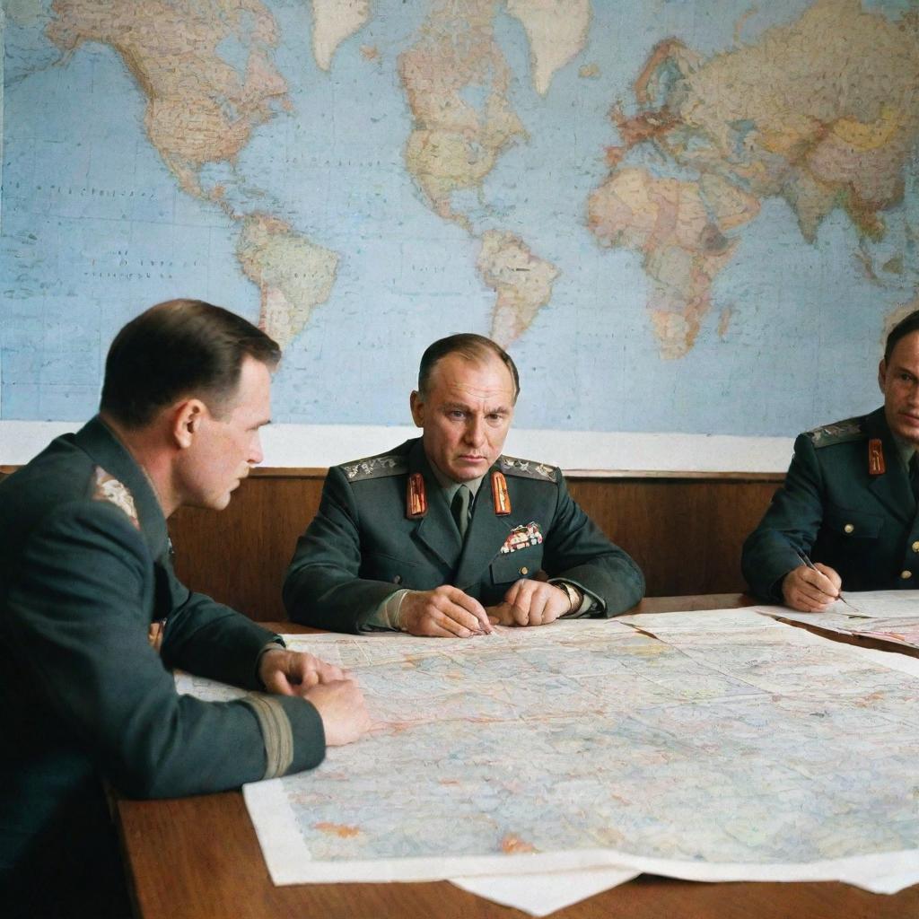 A Soviet airforce officer in uniform partaking in a serious meeting around a large table with maps and strategic plans spread across it.